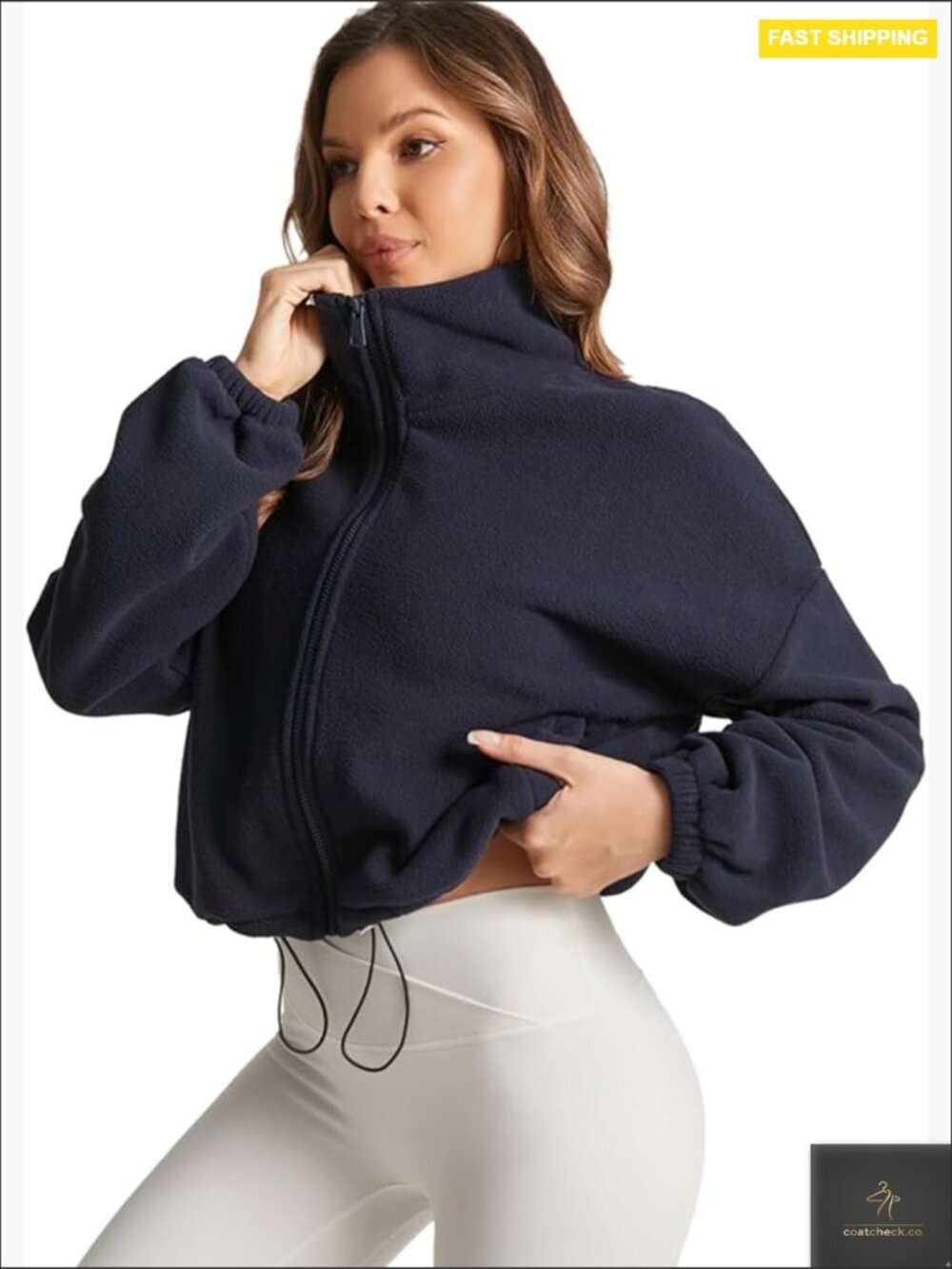 Cropped Sherpa Jacket Full Zip Cozy Fleece Coat Stand Collar Side Pockets